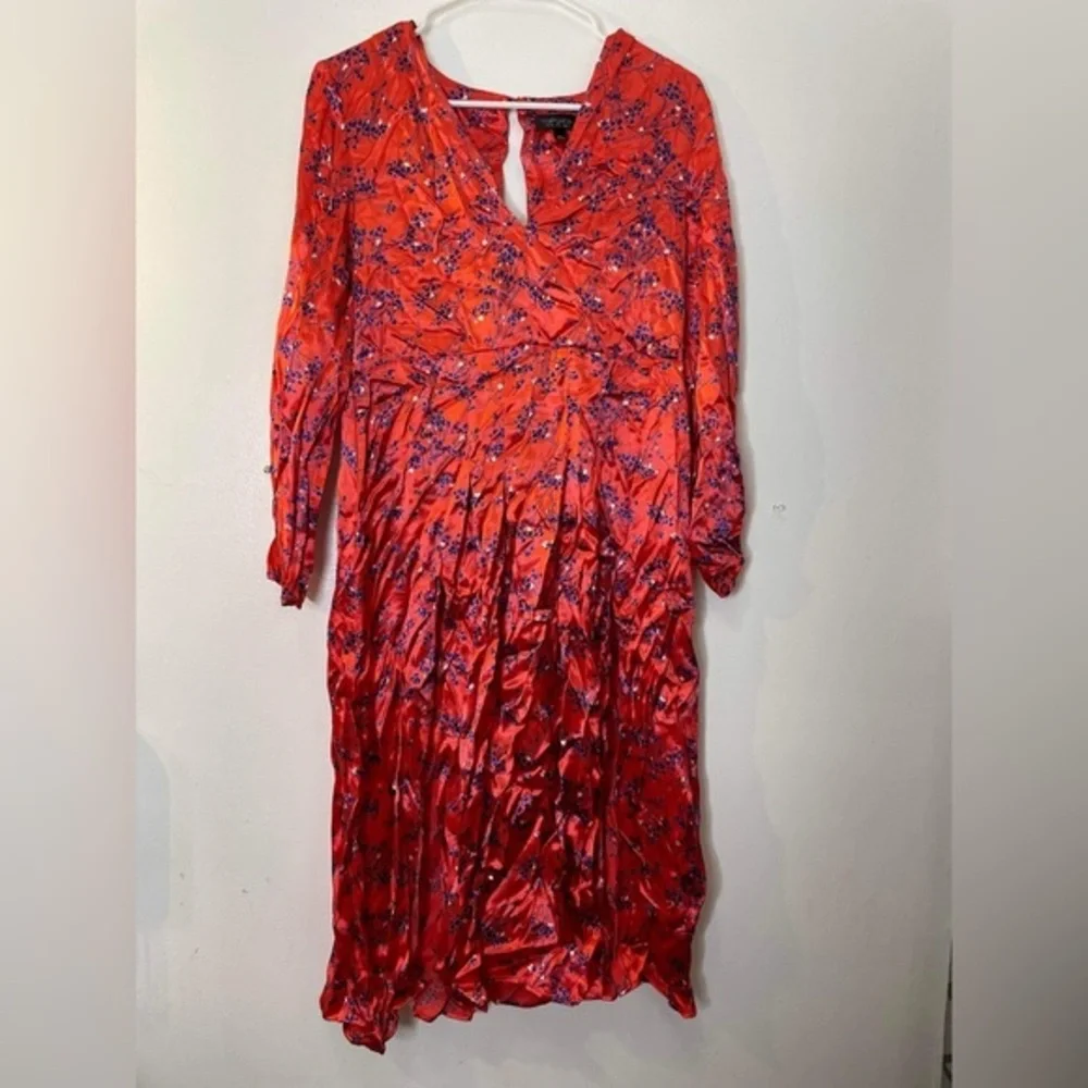 Topshop Women's‎ Satin Floral Red Midi 2 Front Slits Split Back Neckline size 6